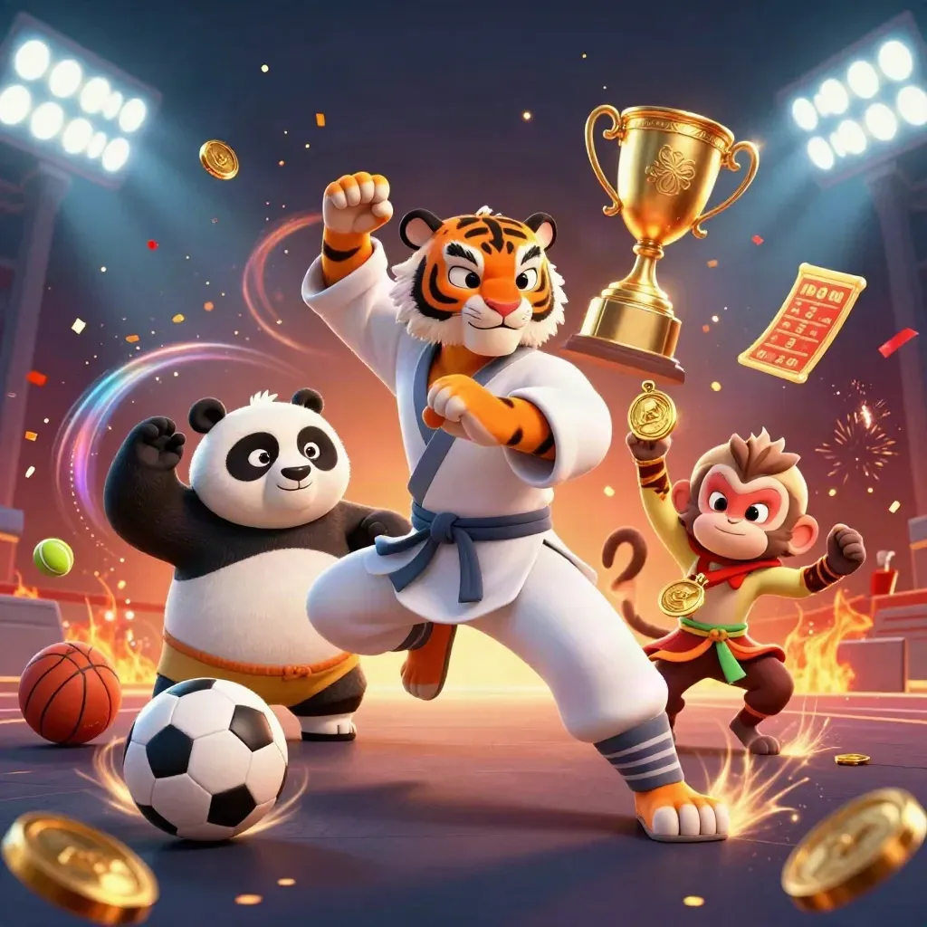 Tiger, panda, and monkey amid flying balls, gold coins, and blazing stadium lights.