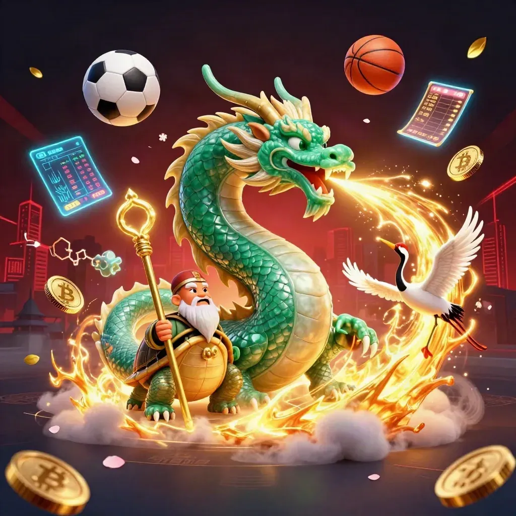Dragon, turtle sage, and cranes amid casino coins, balls, fire, and neon sports energy.