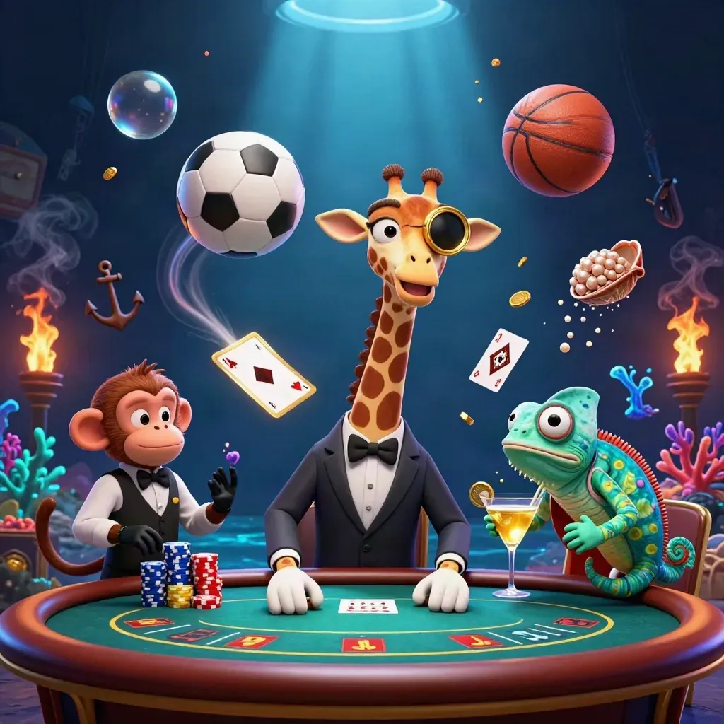 Three animal high-rollers at a VIP poker table amid coins, cards, coral and flying sports balls.