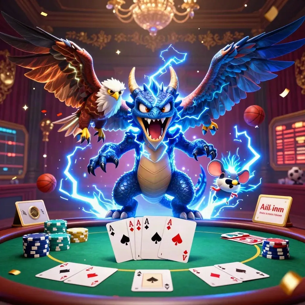 Dragon, hawk and thunder-mouse over poker gear, soccer ball and basketball in a luxe casino scene.