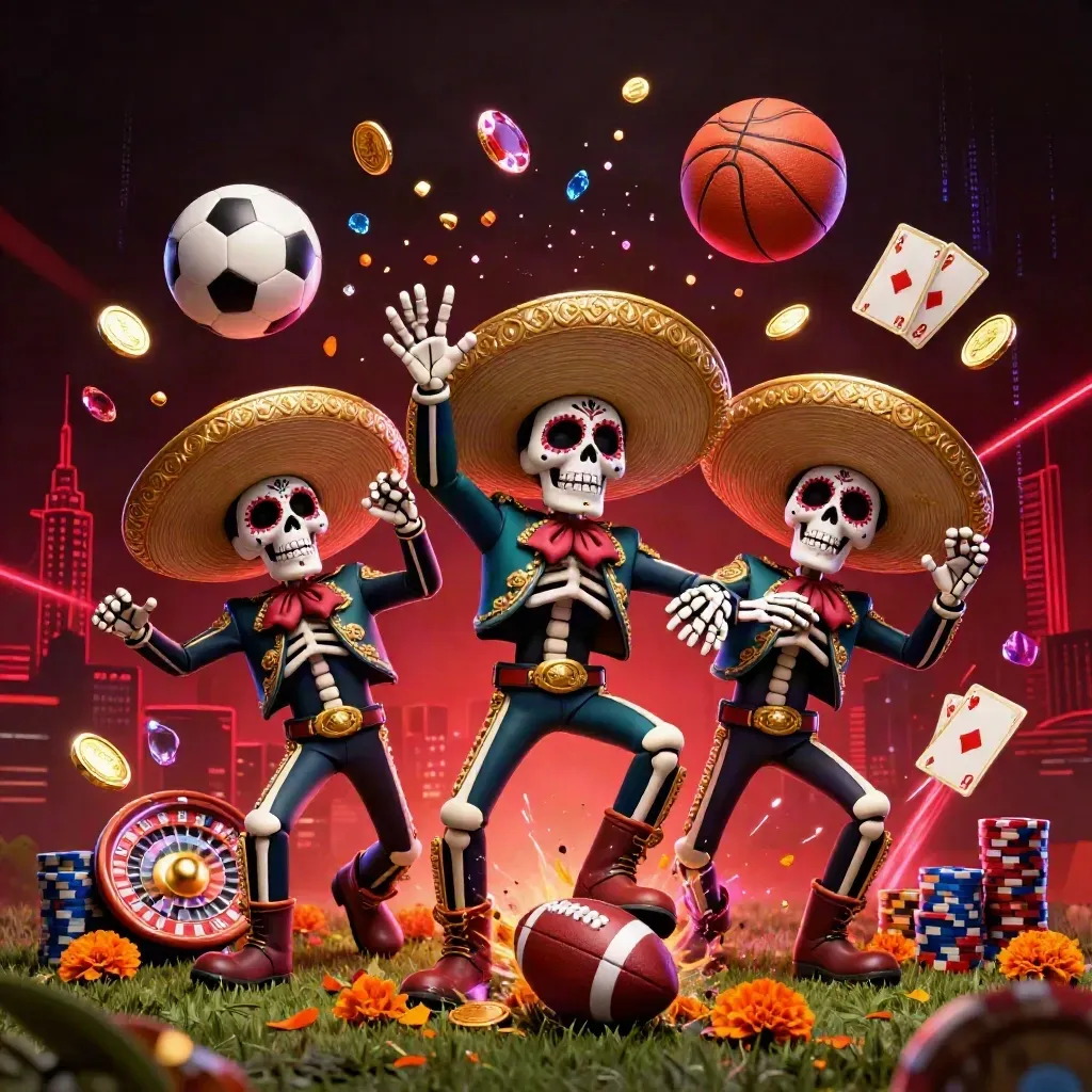 Skeleton mariachi trio amid casino chips, sports balls, coins and a dark neon skyline.
