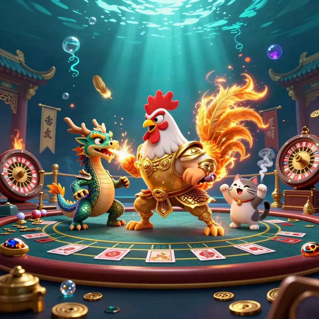 Samurai rooster, dragon hatchling, and fortune-cat in a luxe underwater casino scene