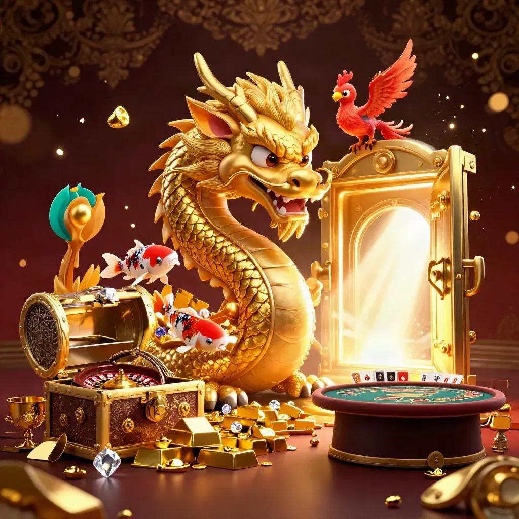 Golden dragon with phoenix and koi in a luxe casino vault, gold bars, gems, chandelier glow