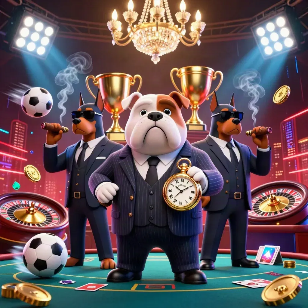 Bulldog casino boss with Doberman guards amid spinning roulette, cards, coins, neon lights