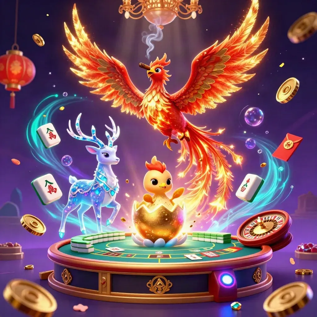 Phoenix, baby phoenix and crystal stag in a neon casino fantasy with gold and teal glow