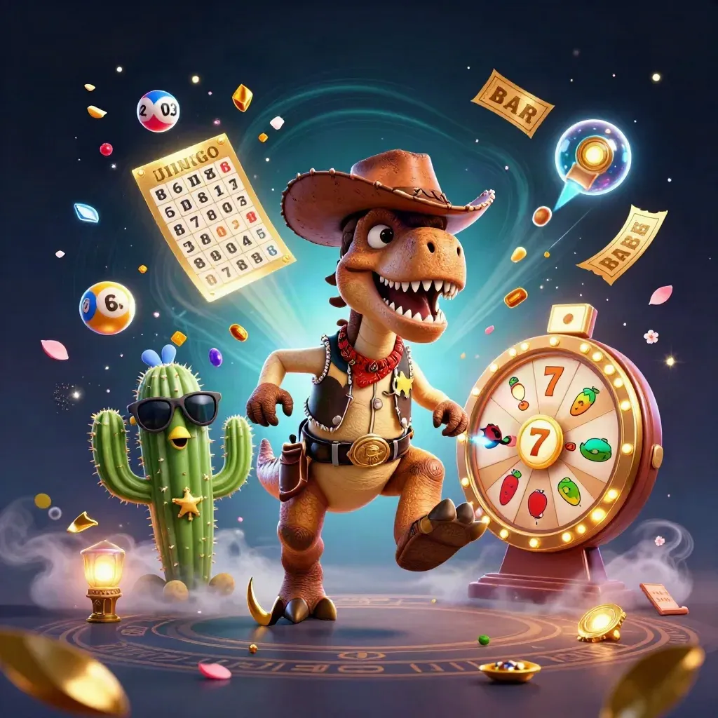 Cowboy T-Rex, cactus sidekick, and roadrunner burst through neon casino treasure and gems.