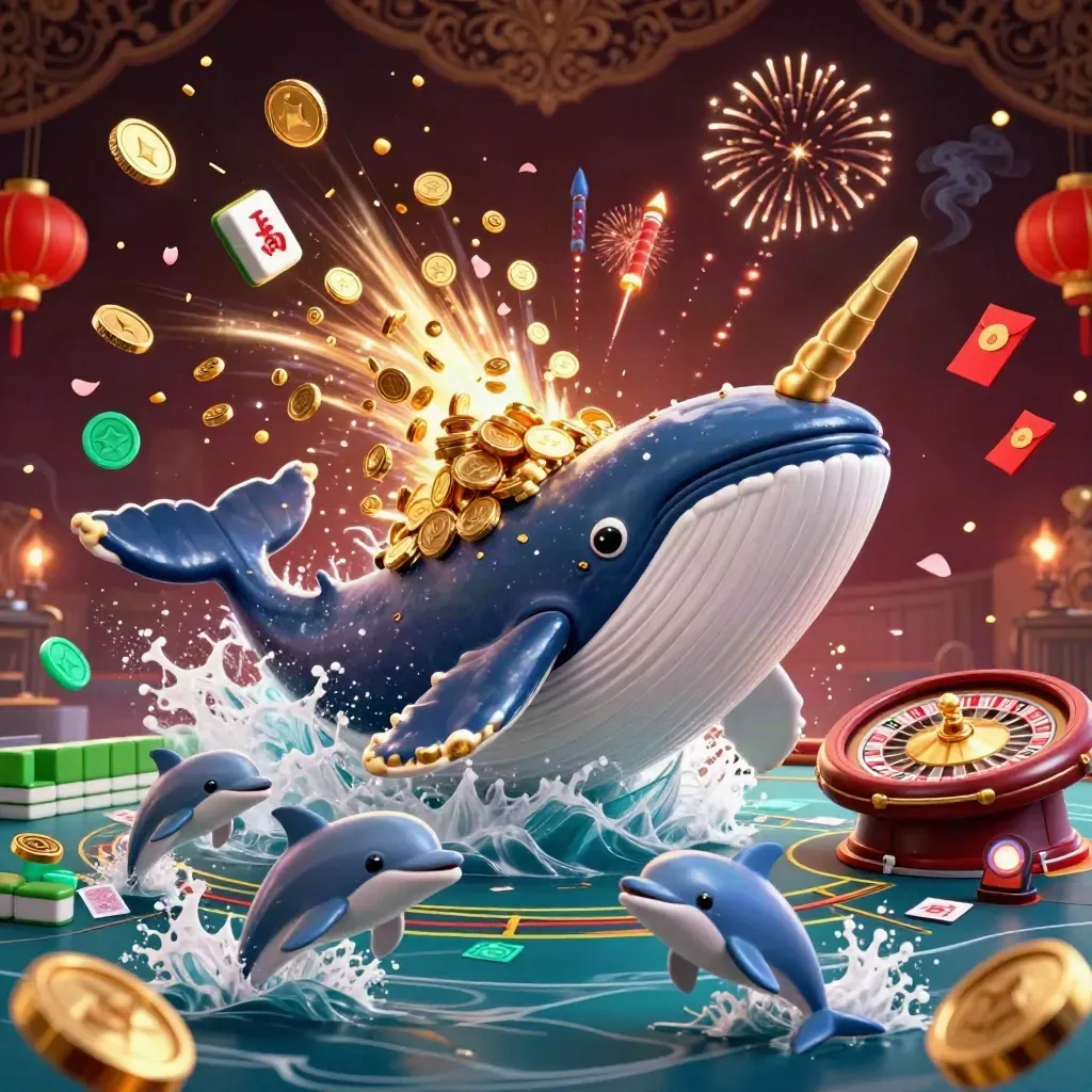 Whale, narwhal and dolphins burst through gold coins with casino props and fireworks.