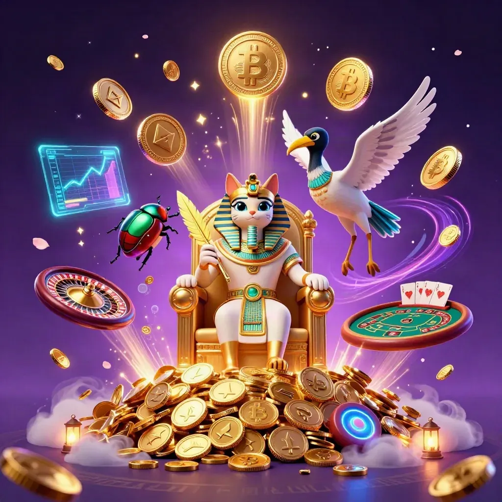Pharaoh cat, ibis scribe and scarabs amid coins, fireworks, crypto glow and casino symbols