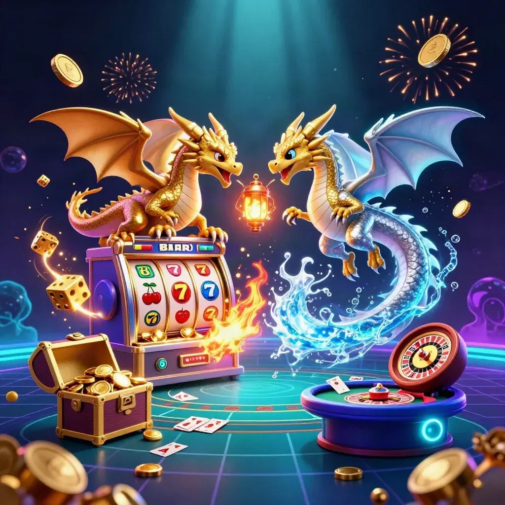 Twin gold and silver dragons burst from a casino hoard with coins, cards, and glowing sea-light.