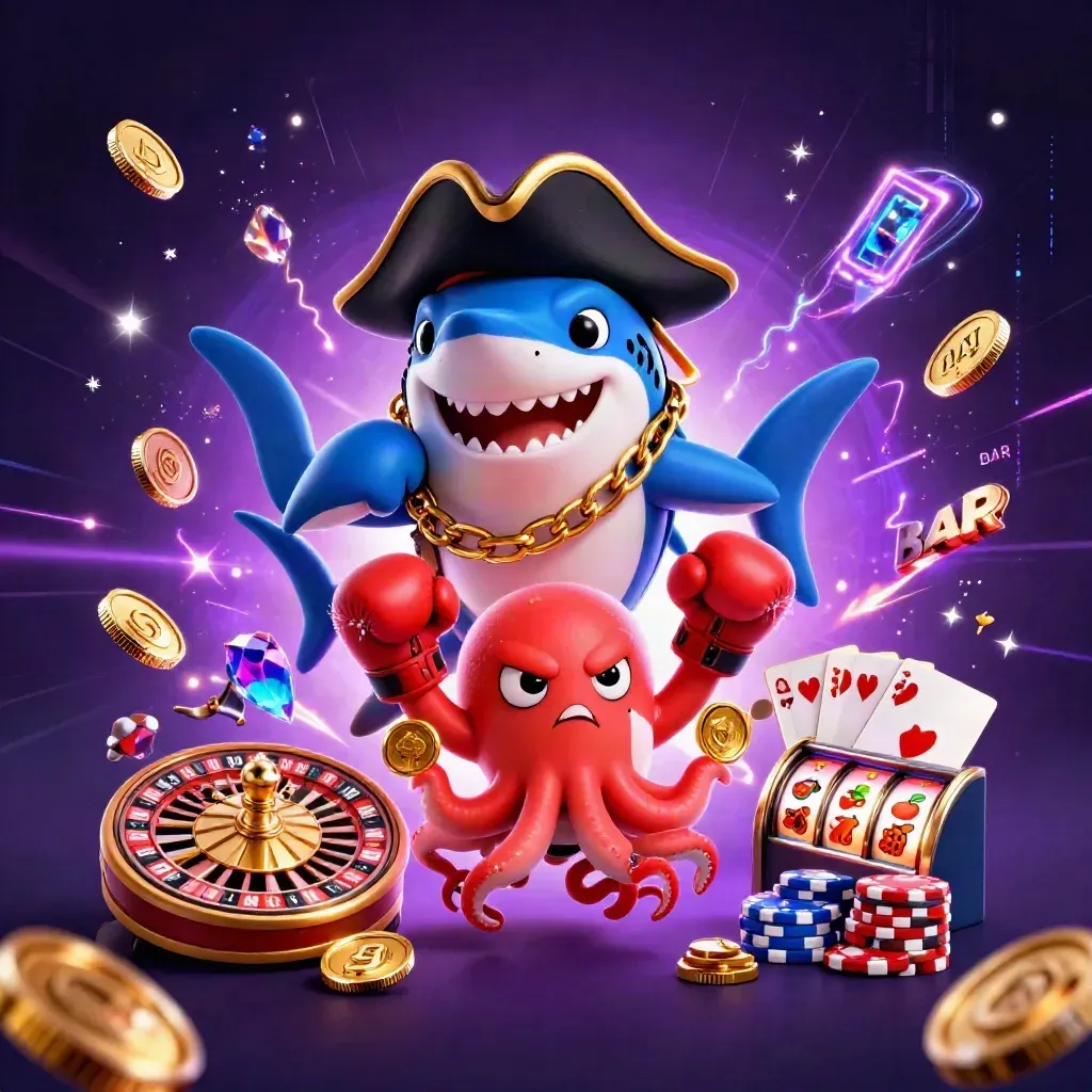 Pirate shark, boxing pufferfish, and juggling octopus amid casino gold, cards, and neon effects.
