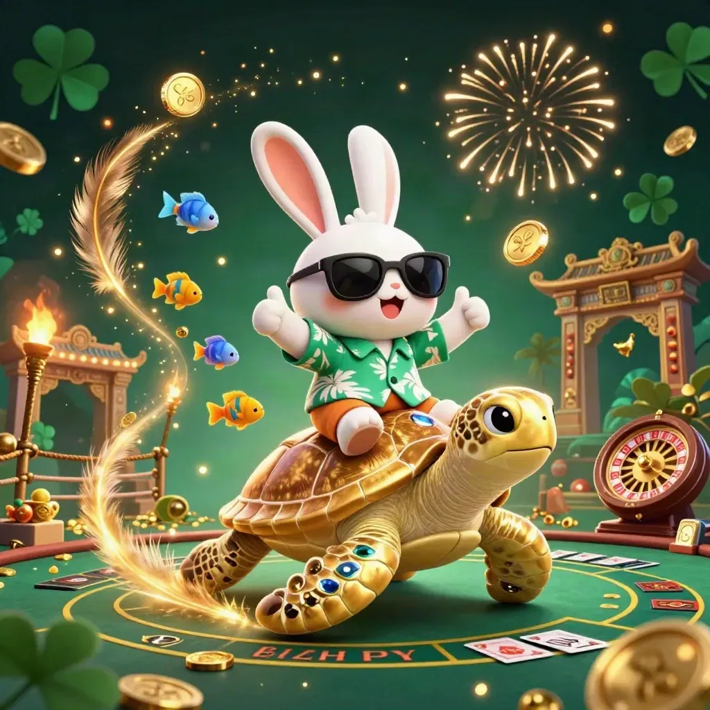 Lucky rabbit rides golden turtle amid coins, fireworks and casino symbols