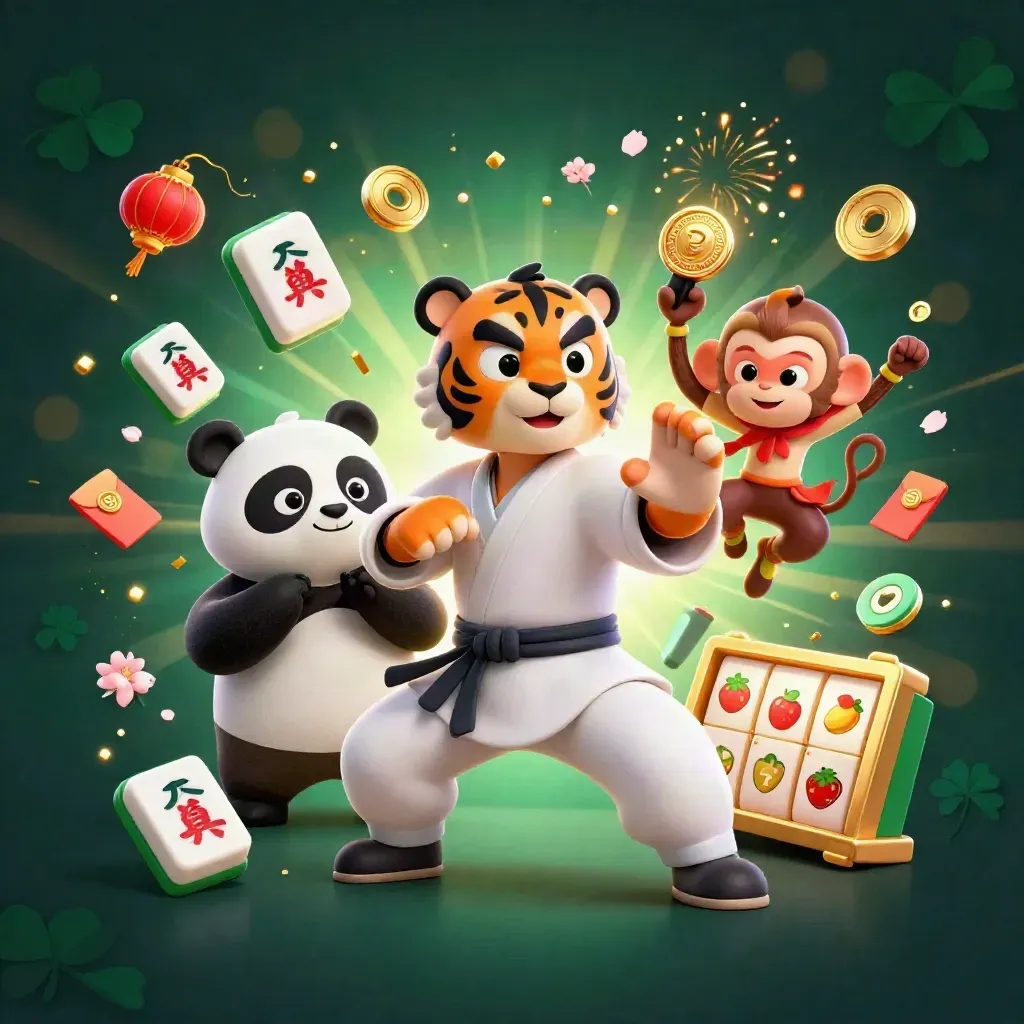 Kung-fu tiger, panda, and monkey amid casino charms, lanterns, coins, and gold light.