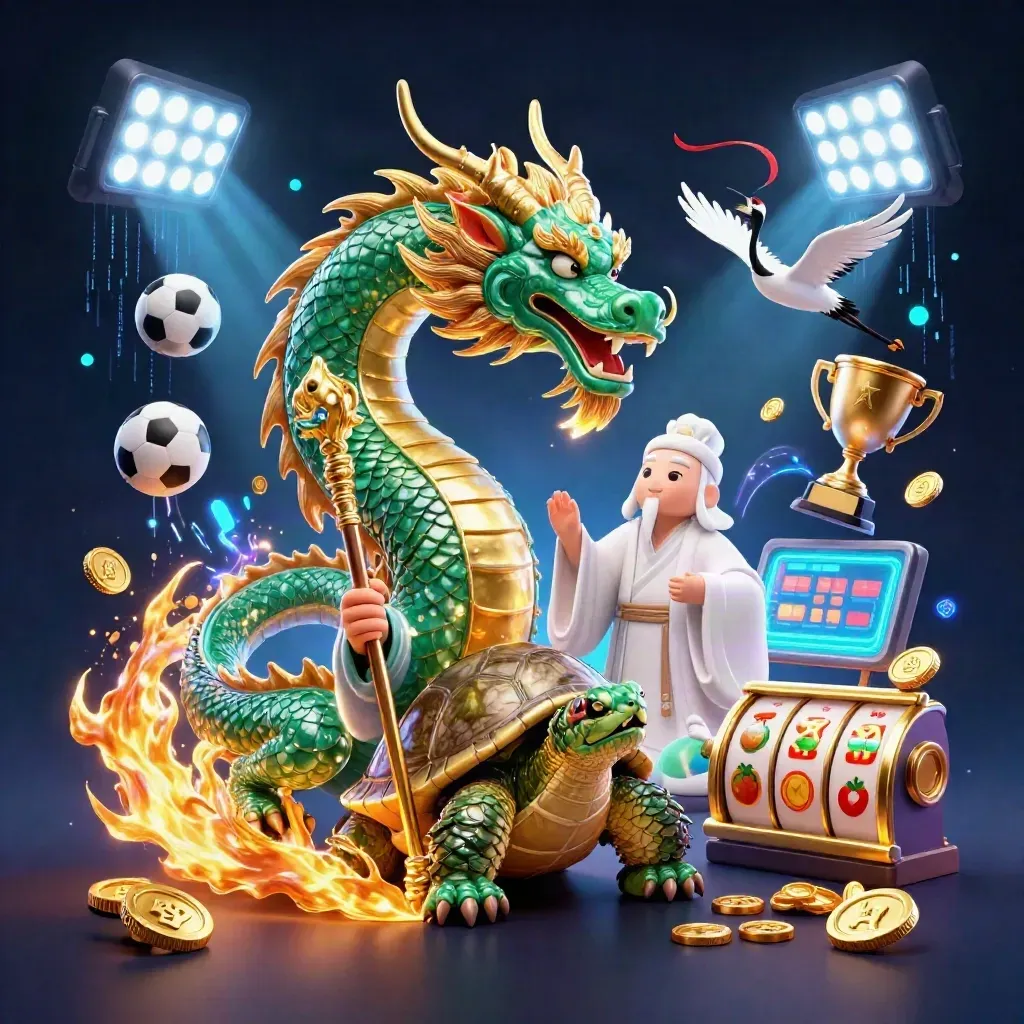 Emerald dragon, turtle sage, and cranes amid casino symbols, gold light, and neon energy