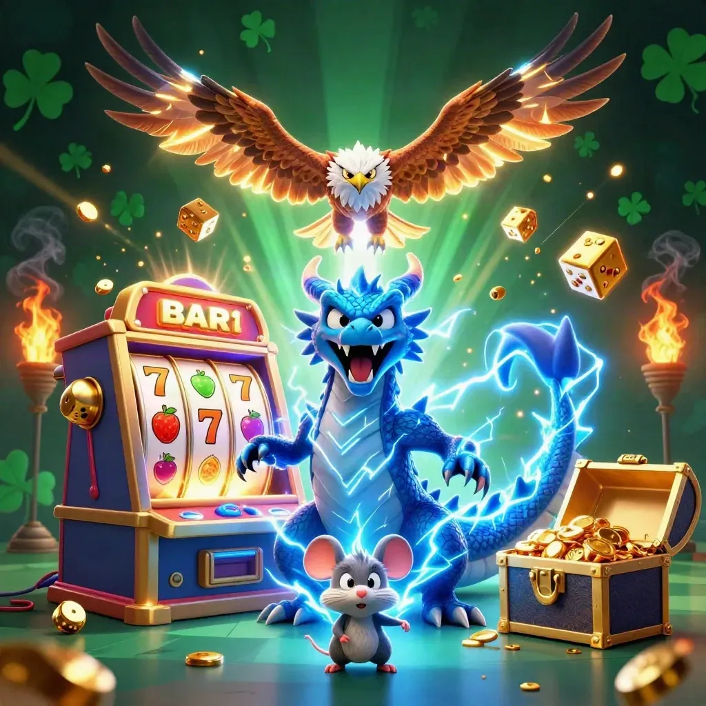 Thunder dragon, hawk and mouse explode around a slot machine on a dark emerald casino backdrop.